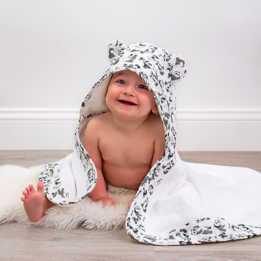 BEBE AU LAIT PANDAS MUSLIN HOODED TOWEL